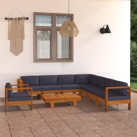 Salon de jardin 9 pcs avec coussins gris foncé Bois d'acacia