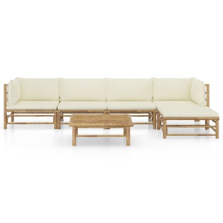 Salon de jardin 6 pcs avec coussins blanc crème bambou