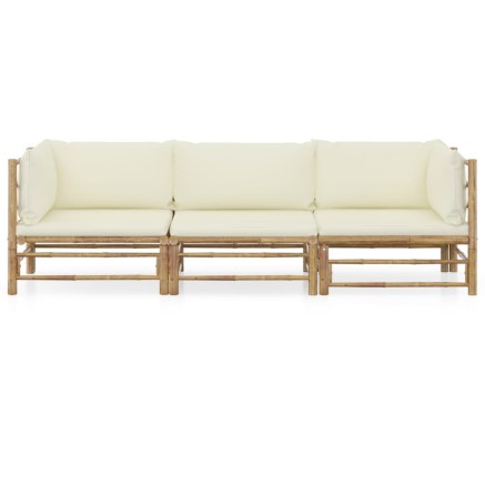 Salon de jardin 3 pcs avec coussins blanc crème bambou 2