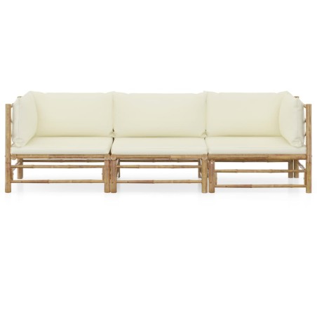 Salon de jardin 3 pcs avec coussins blanc crème bambou