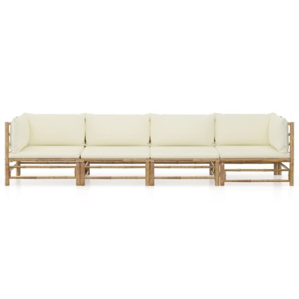 Salon de jardin 4 pcs avec coussins blanc crème bambou 2