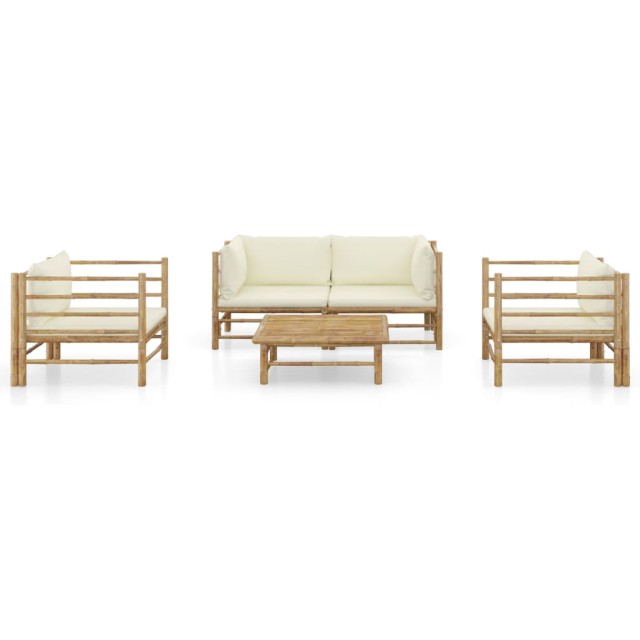 Salon de jardin 5 pcs avec coussins blanc crème bambou