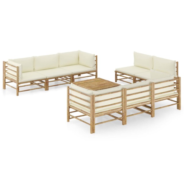 Salon de jardin 9 pcs avec coussins blanc crème bambou