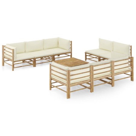 Salon de jardin 9 pcs avec coussins blanc crème bambou