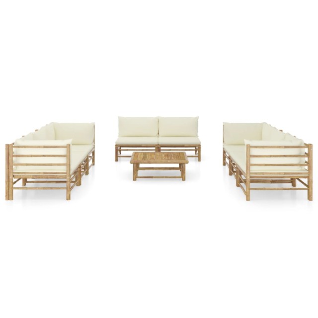 Salon de jardin 9 pcs avec coussins blanc crème bambou
