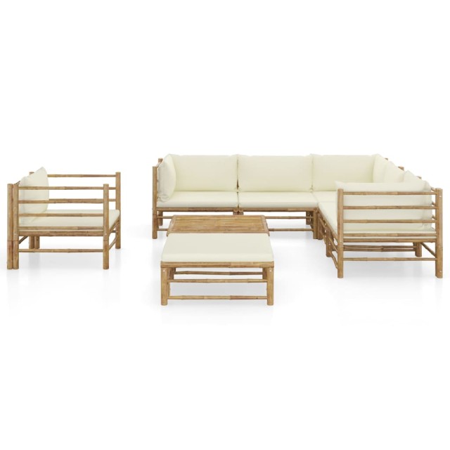Salon de jardin 8 pcs avec coussins blanc crème bambou