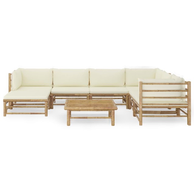 Salon de jardin 8 pcs avec coussins blanc crème bambou
