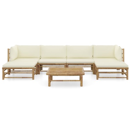 Salon de jardin 7 pcs avec coussins blanc crème bambou