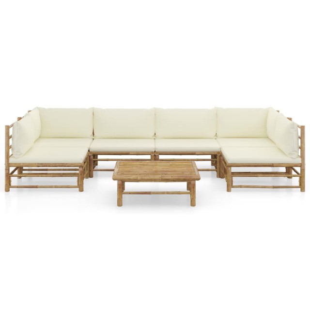 Salon de jardin 7 pcs avec coussins blanc crème bambou