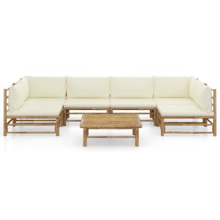 Salon de jardin 7 pcs avec coussins blanc crème bambou