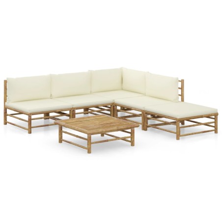 Salon de jardin 6 pcs avec coussins blanc crème bambou