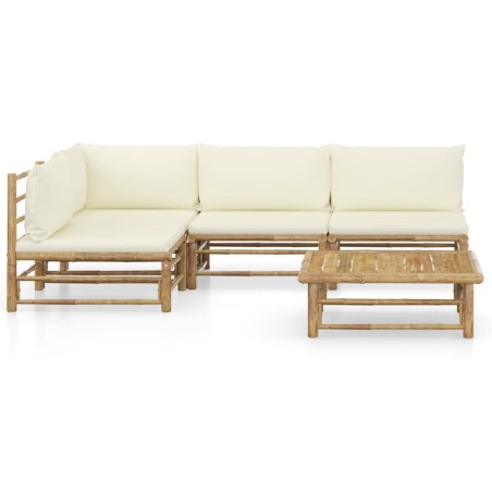 Salon de jardin 5 pcs avec coussins blanc crème bambou