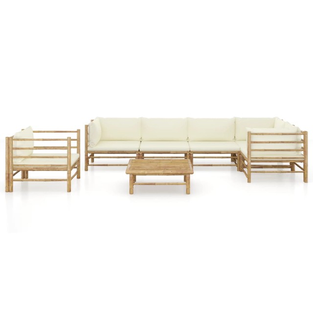 Salon de jardin 7 pcs avec coussins blanc crème bambou