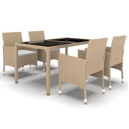 Ensemble à manger de jardin 5 pcs Rotin verre trempé Beige 2