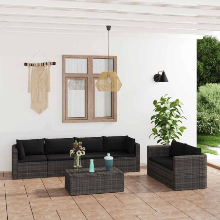Salon de jardin 7 pcs avec coussins résine tressée gris