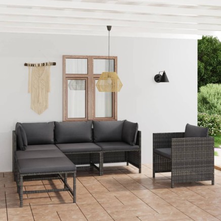 Salon de jardin 6 pcs avec coussins Résine tressée Gris