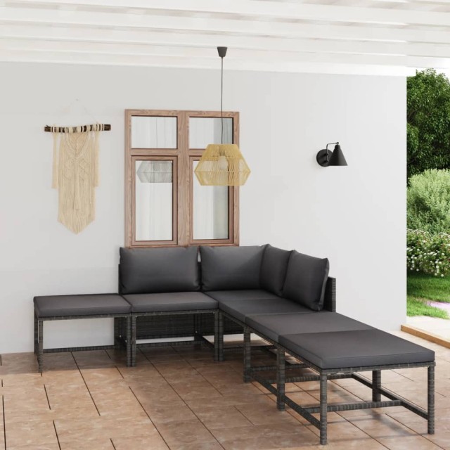 Salon de jardin 6 pcs avec coussins Résine tressée Gris