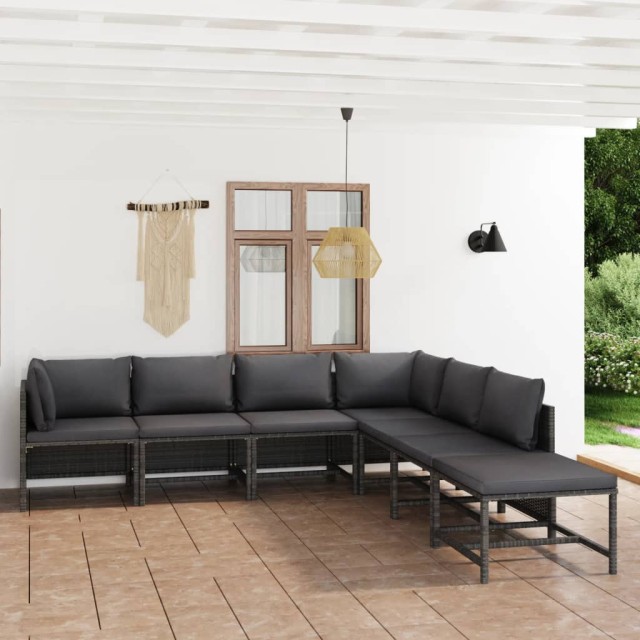 Salon de jardin 7 pcs avec coussins Résine tressée Gris
