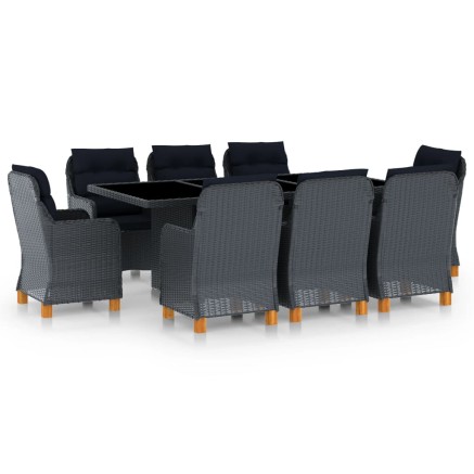 Mobilier à dîner 9 pcs avec coussins Résine tressée Gris foncé