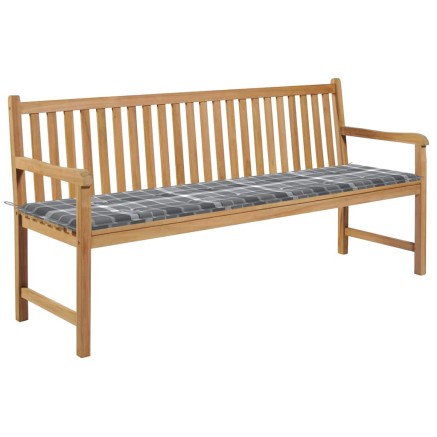 Banc de jardin avec coussin à carreaux gris 175 cm Teck massif