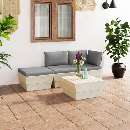 Salon de jardin palette 4 pcs avec coussins bois d'épicéa