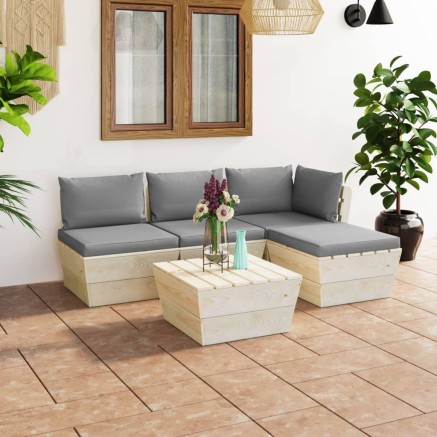 Salon de jardin palette 5 pcs avec coussins bois d'épicéa