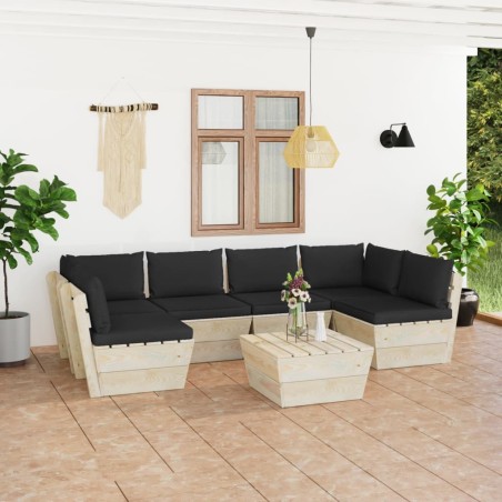 Salon de jardin palette 7 pcs avec coussins bois d'épicéa