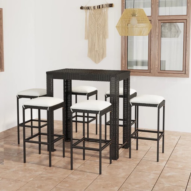 Ensemble de bar de jardin 7 pcs et coussins Résine tressée Noir