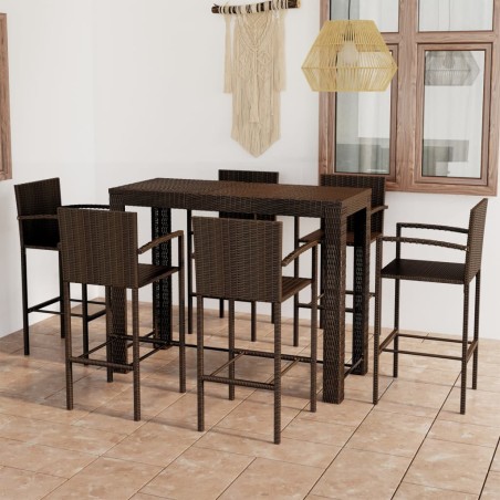 Ensemble de bar d'extérieur 7 pcs accoudoir Poly rotin Marron