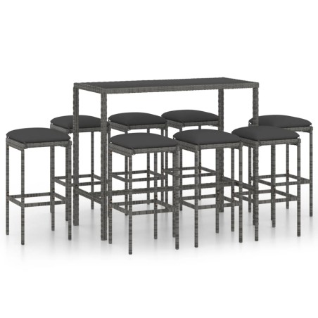 Ensemble de bar de jardin 9 pcs et coussins Résine tressée Gris