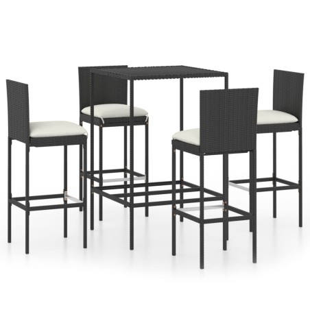 Ensemble de bar de jardin 5 pcs et coussins Résine tressée Noir