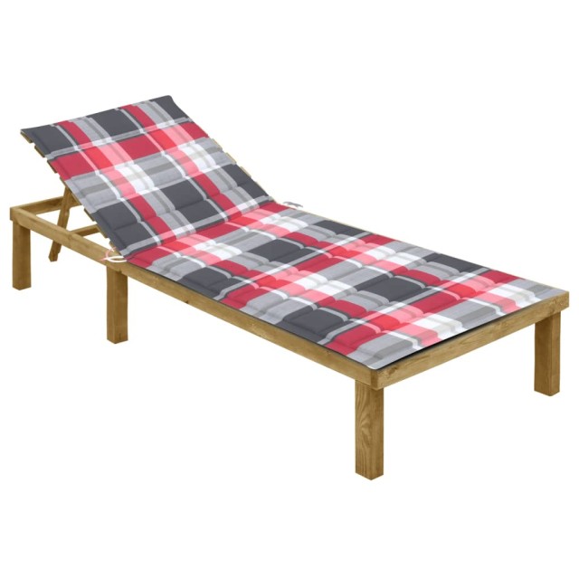 Chaise longue avec coussin carreaux rouge Bois de pin imprégné