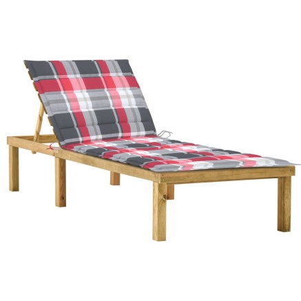 Chaise longue avec coussin carreaux rouge Bois de pin imprégné