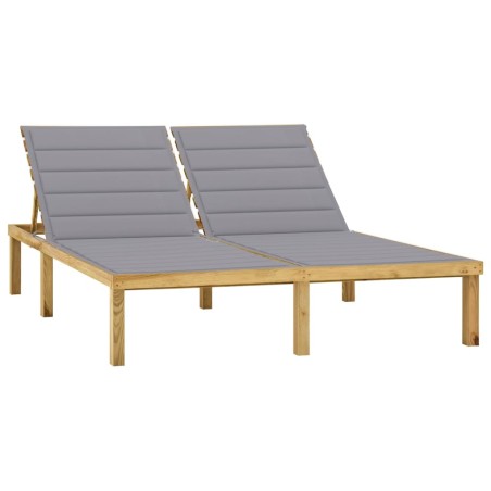 Chaise longue double et coussins gris Bois de pin imprégné