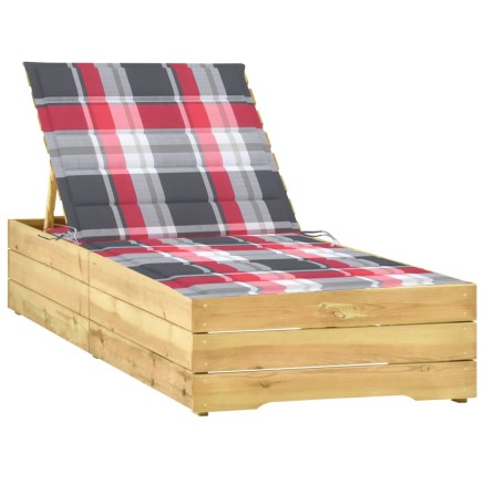 Chaise longue avec coussin carreaux rouge Bois de pin imprégné