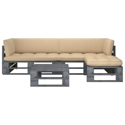Salon de jardin palette 4pcs avec coussins Pin imprégné de gris