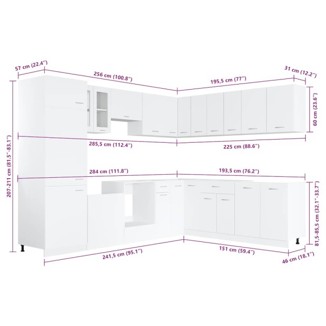Ensemble de 14 meubles de cuisine "Lyon" en bois d'ingénierie blanc