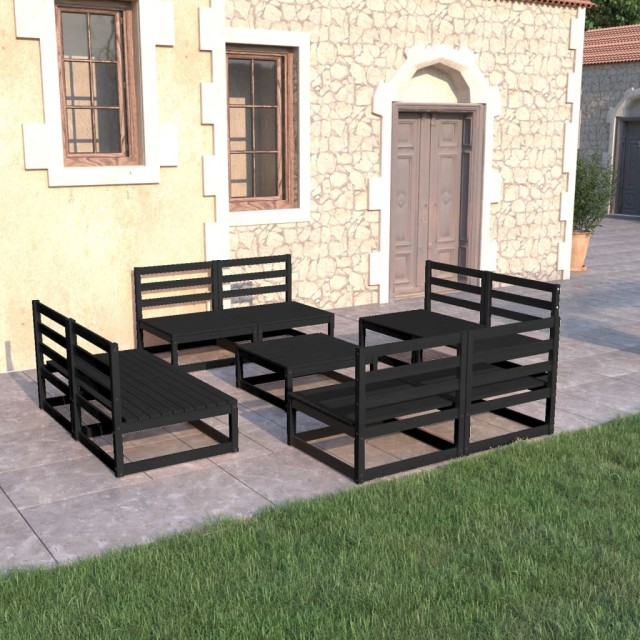 Salon de jardin 9 pcs noir bois de pin massif