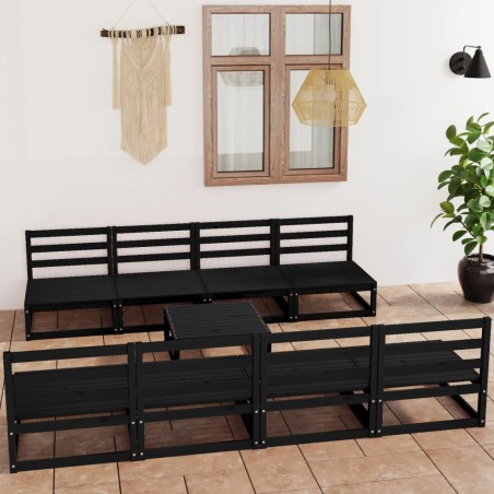 Salon de jardin 9 pcs noir bois de pin massif