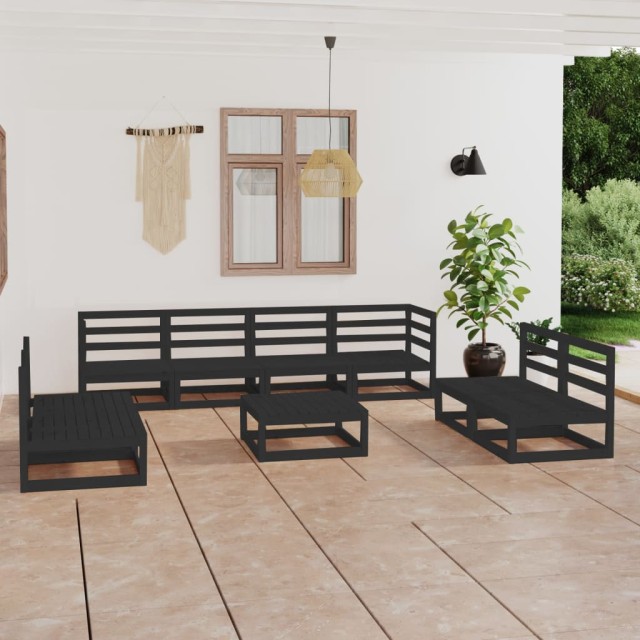 Salon de jardin 9 pcs noir bois de pin massif