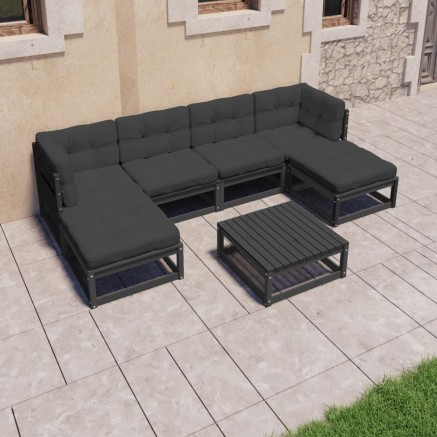 Salon de jardin 7 pcs avec coussins noir bois de pin massif