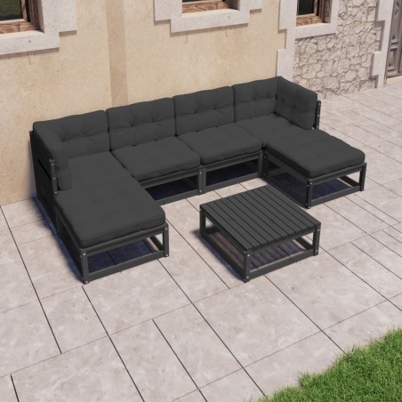 Salon de jardin 7 pcs avec coussins noir bois de pin massif