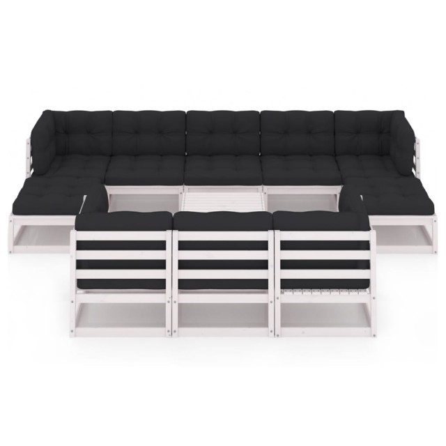 Salon de jardin 11 pcs avec coussins Blanc Bois de pin massif