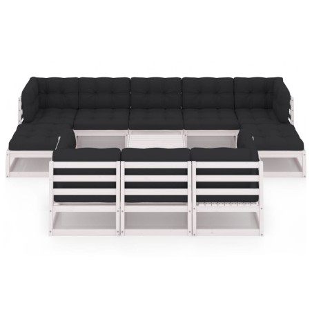 Salon de jardin 11 pcs avec coussins Blanc Bois de pin massif