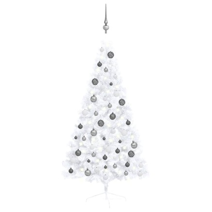 Demi-arbre de Noël artificiel pré-éclairé et boules blanc 150cm