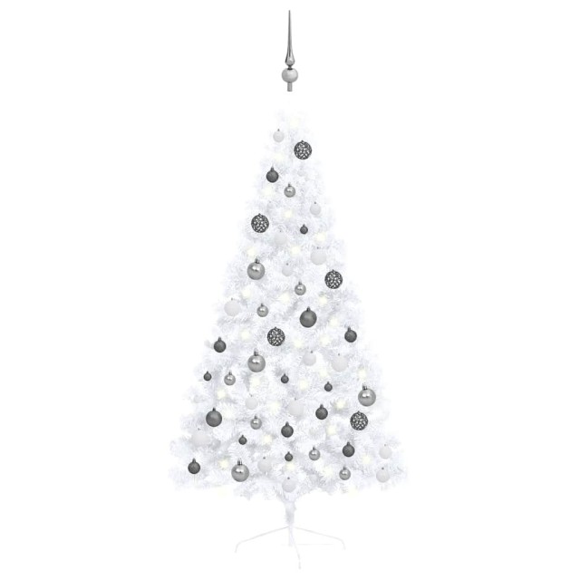 Demi-arbre de Noël artificiel pré-éclairé et boules blanc 150cm
