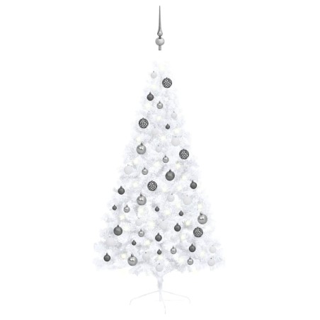 Demi-arbre de Noël artificiel pré-éclairé et boules blanc 150cm