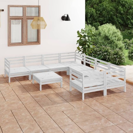 Salon de jardin 9 pcs Blanc Bois de pin massif