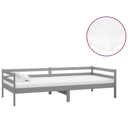Lit de repos avec matelas 90x200 cm Gris Bois de pin massif 2