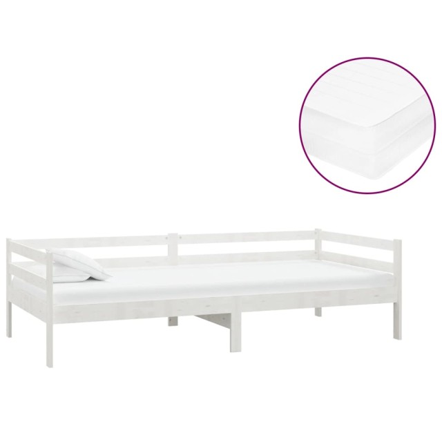Lit de repos avec matelas 90x200 cm Blanc Bois de pin massif